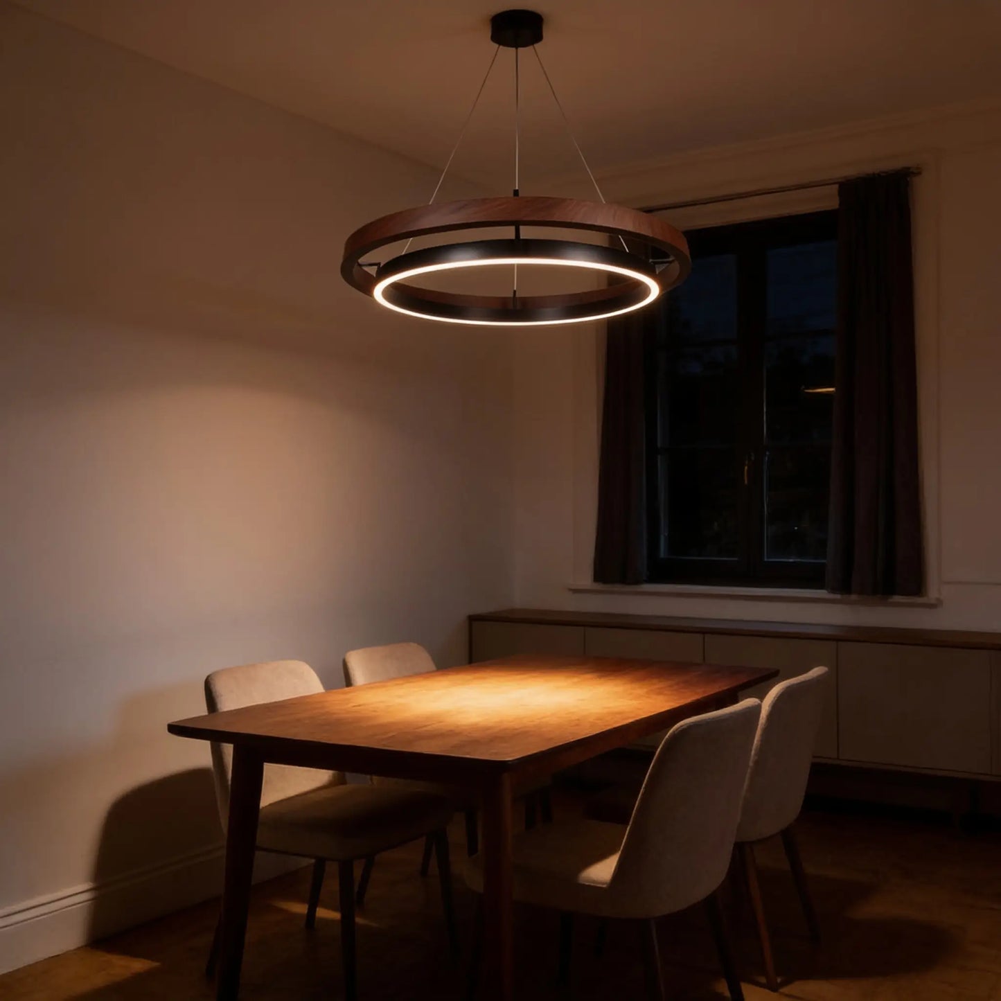 Suspension LED double anneau, noyer et noir — télécommande