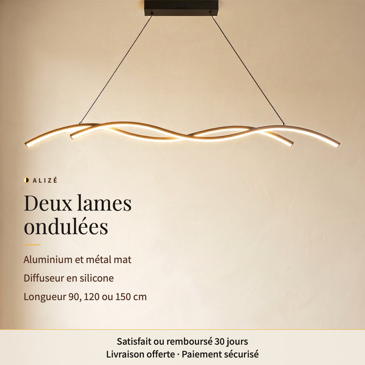 Alizé, suspension LED à deux lames ondulées en aluminium et métal mat, diffuseur en silicone, longueur 90, 120 ou 150 cm