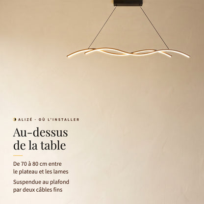Alizé vue de face, platine au plafond, deux câbles fins : au-dessus de la table, de 70 à 80 cm entre plateau et lames