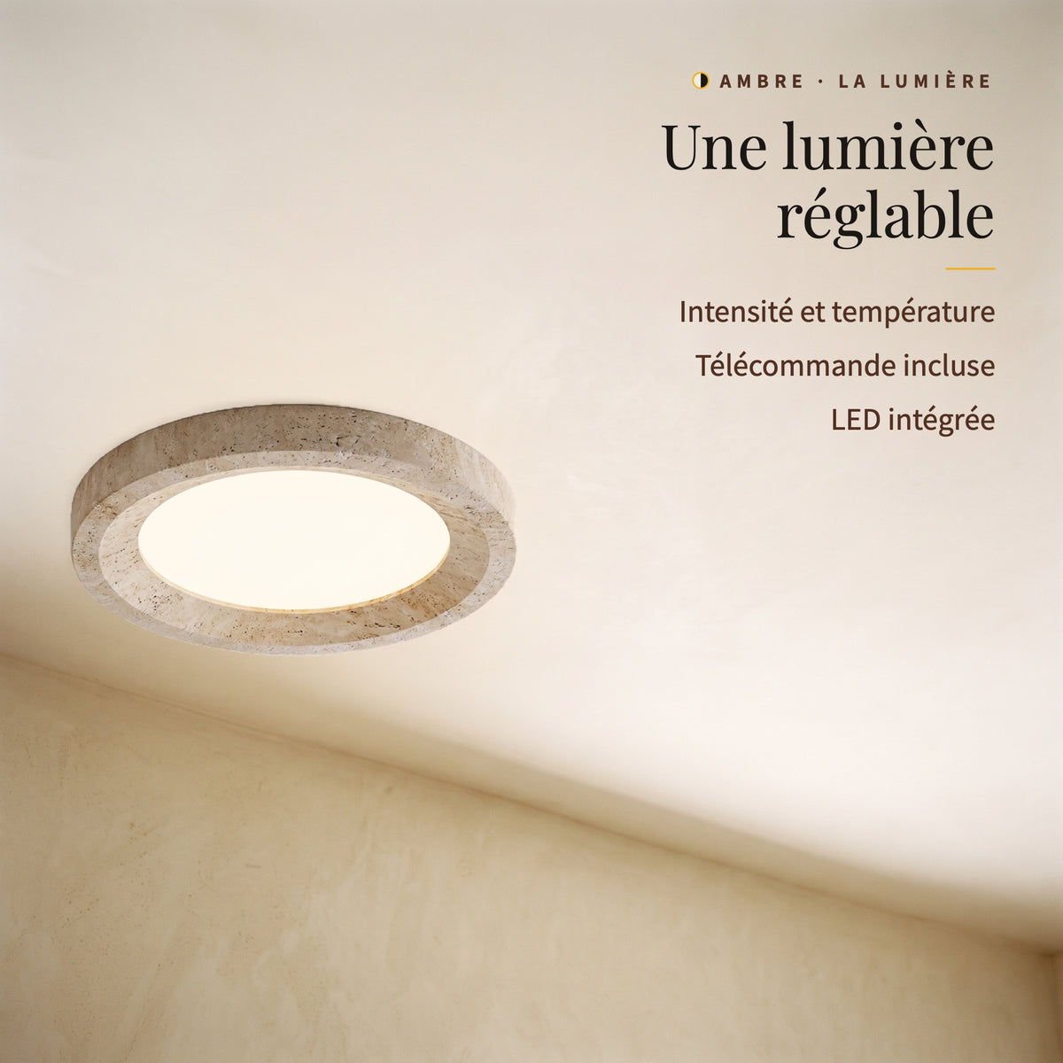 Ambre, plafonnier en travertin allumé : intensité et température réglables, télécommande incluse, LED intégrée