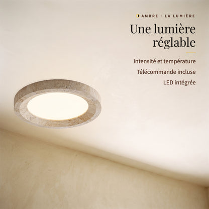 Ambre, plafonnier en travertin allumé : intensité et température réglables, télécommande incluse, LED intégrée