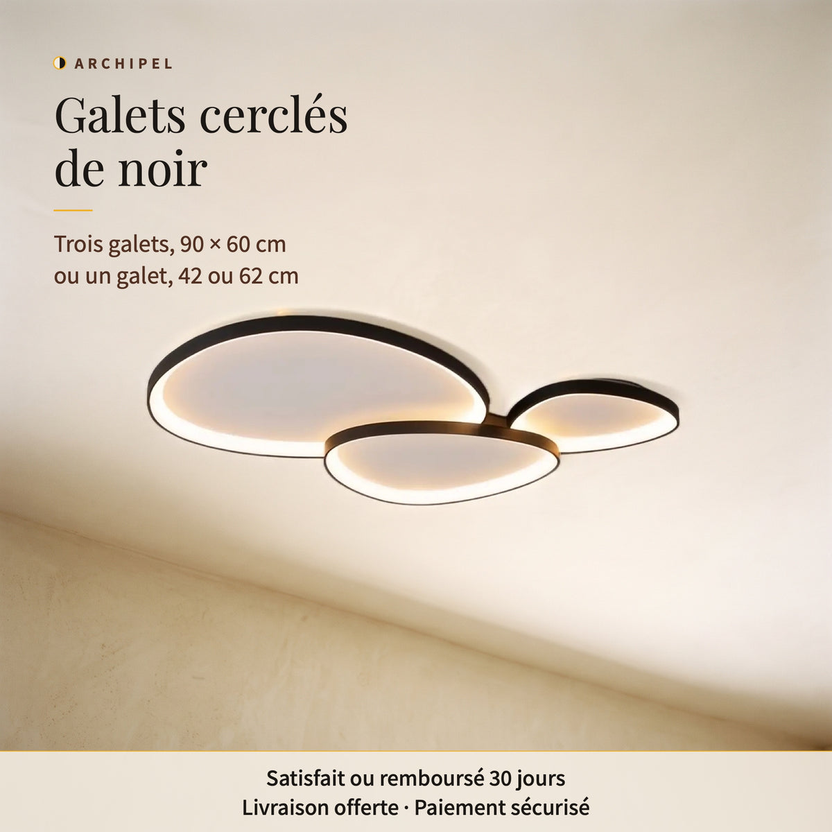 Archipel, plafonnier LED à trois galets cerclés de noir, allumé : 90 × 60 cm, ou un galet seul de 42 ou 62 cm
