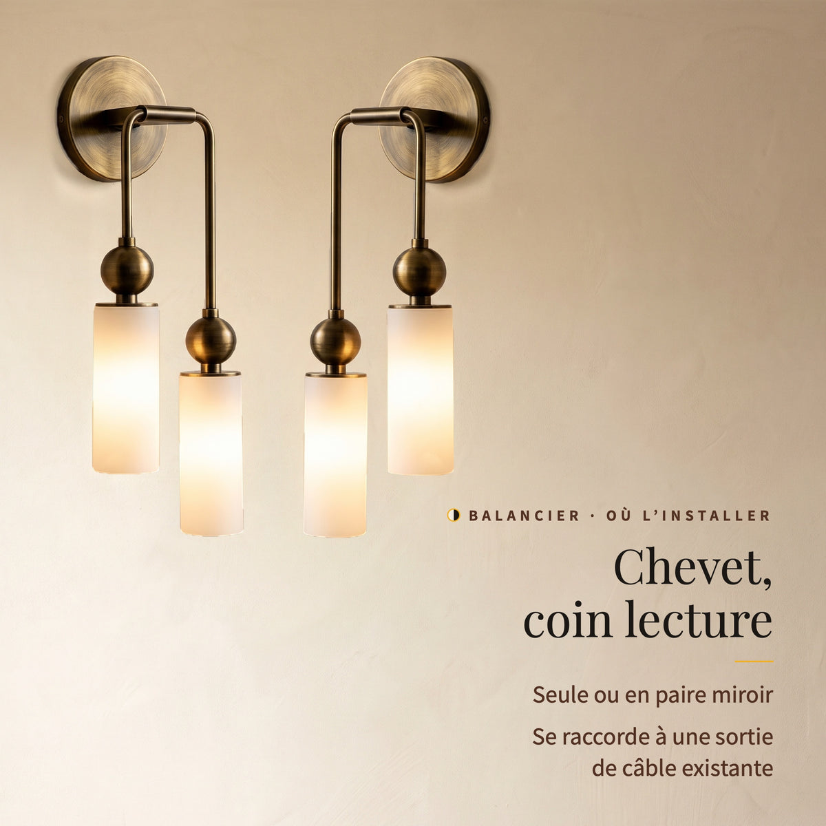 Balancier en paire miroir, deux appliques allumées : pour le chevet ou le coin lecture, sur sortie de câble existante