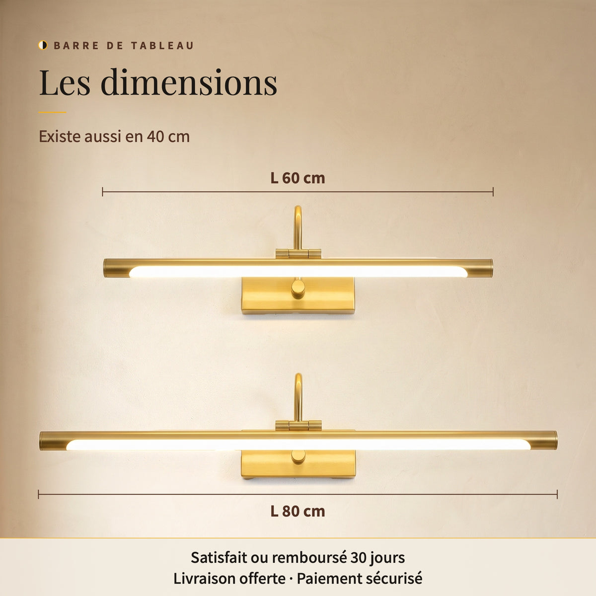 Barre de tableau, applique LED : dimensions, barres de 60 et 80 cm vues de face, allumées