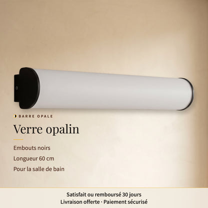 Barre opale, applique en verre opalin à embouts noirs, éteinte : longueur 60 cm, pour la salle de bain