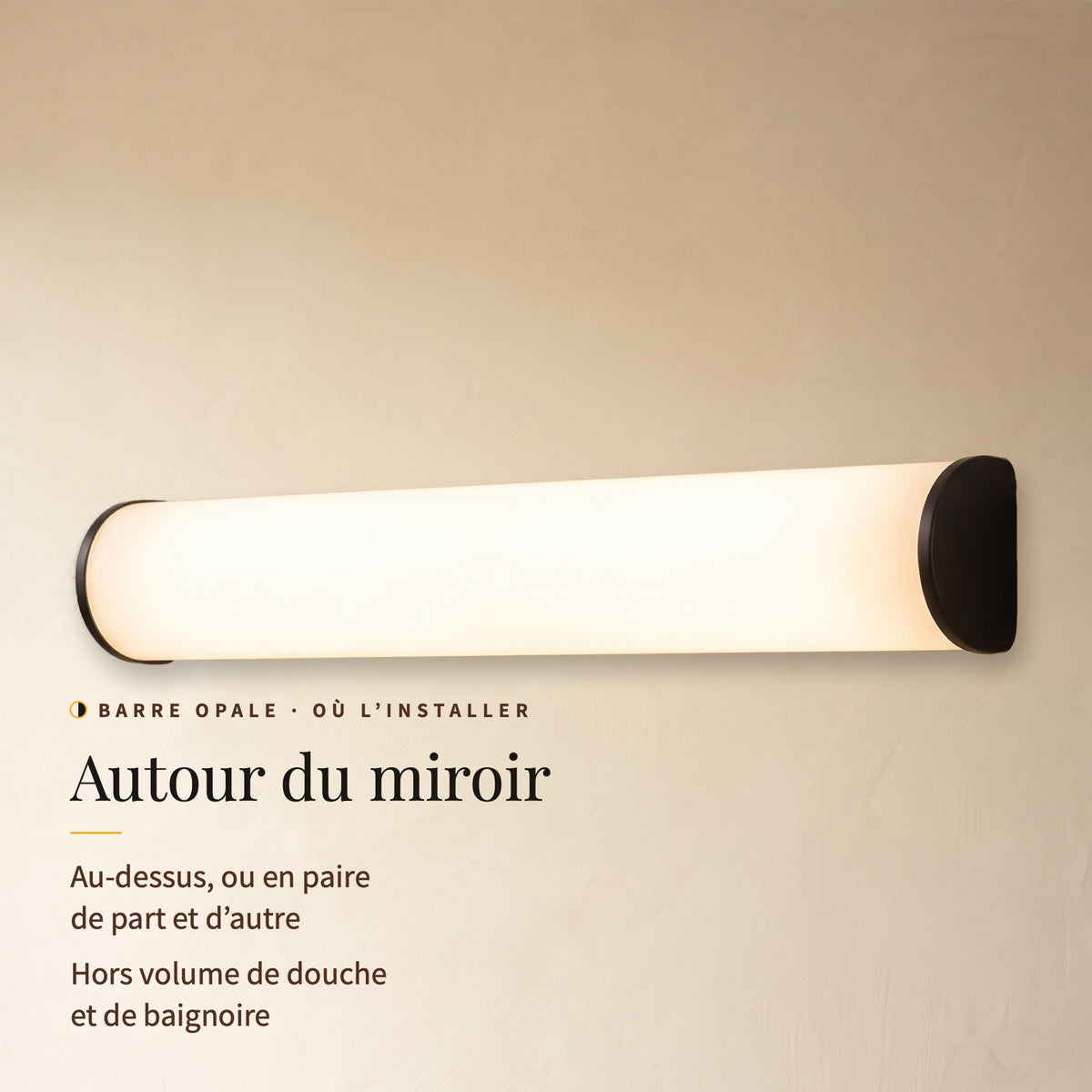 Barre opale allumée, vue de trois quarts : autour du miroir, au-dessus ou en paire, hors volume de douche et de baignoire