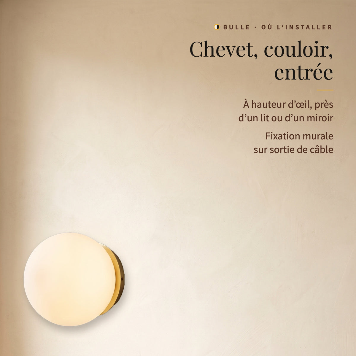 Bulle, applique allumée pour chevet, couloir ou entrée, à hauteur d’œil, fixée sur une sortie de câble