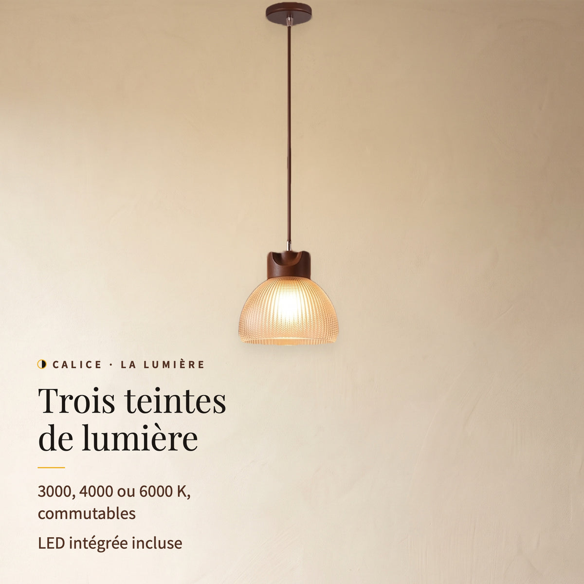 Calice, suspension allumée sur un mur clair : trois teintes de lumière, 3000, 4000 ou 6000 K, LED intégrée incluse