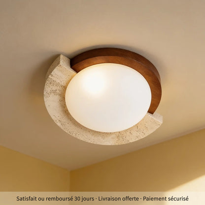 Croissant, plafonnier LED pierre et noyer, arc décentré, 48 ou 58 cm