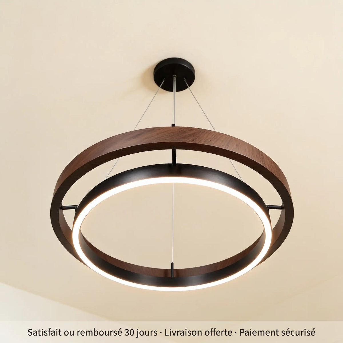 Éclipse, suspension LED double anneau, noyer et noir, 80 cm