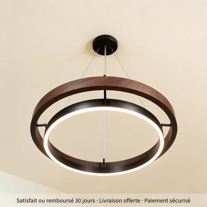 Éclipse, suspension LED double anneau, noyer et noir, 80 cm