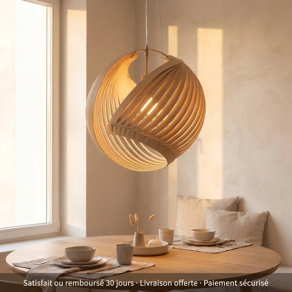 Ellipse, suspension LED ovale en bois clair, 40 à 80 cm