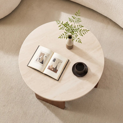 Tables basses gigognes rondes en travertin et noyer — Lot de 2