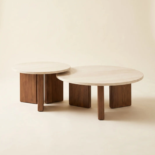 Tables basses gigognes rondes en travertin et noyer — Lot de 2