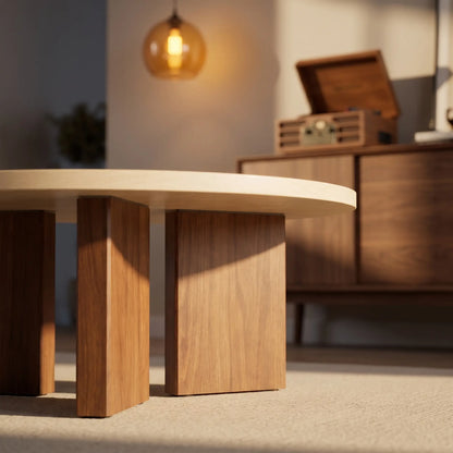 Tables basses gigognes rondes en travertin et noyer — Lot de 2