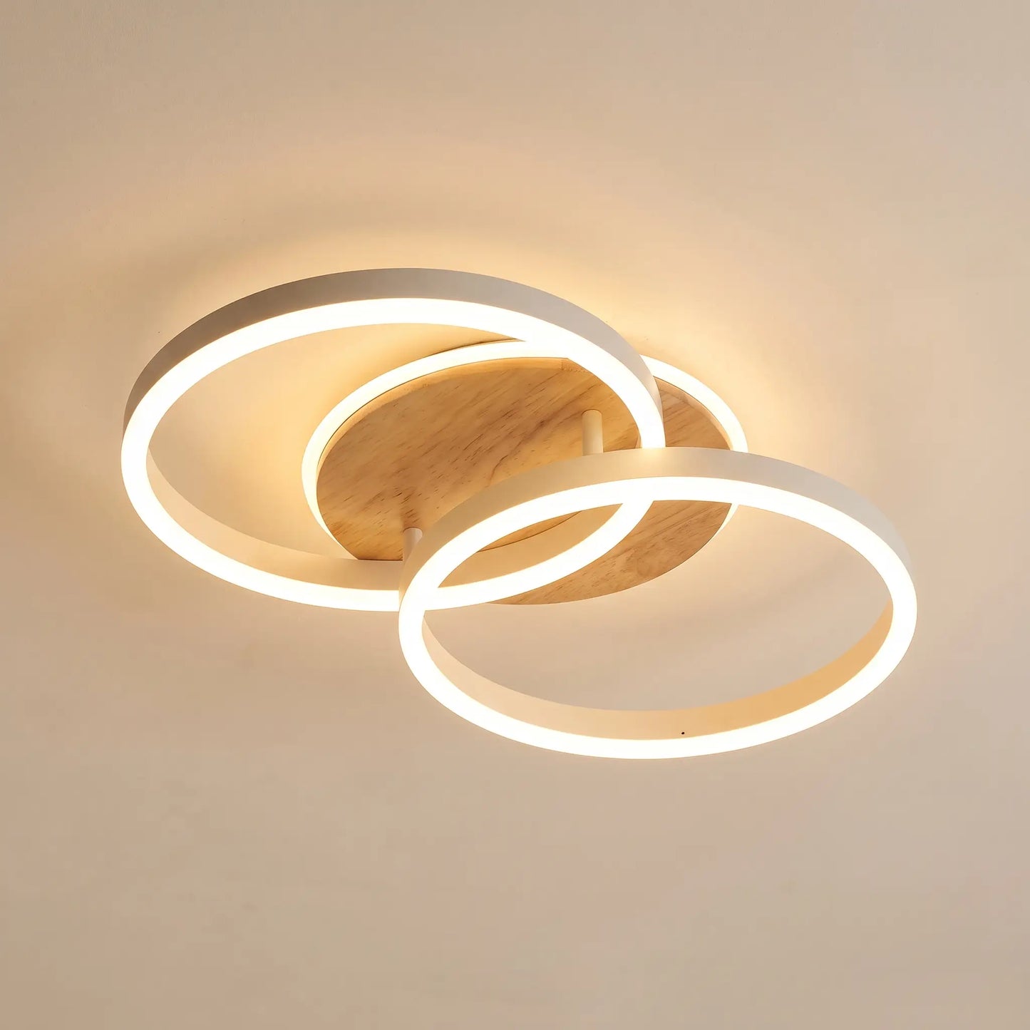 Plafonnier LED deux anneaux, blanc et bois — télécommande et Matter