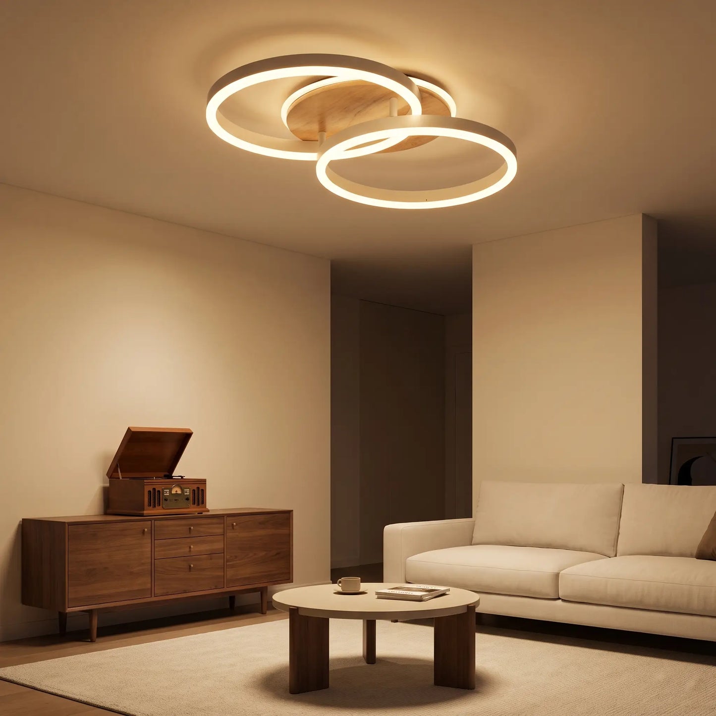 Plafonnier LED deux anneaux, blanc et bois — télécommande et Matter