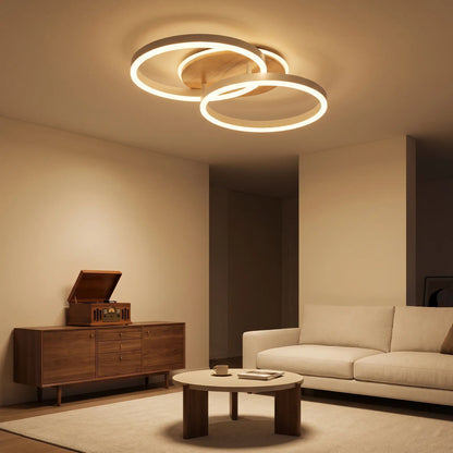 Plafonnier LED deux anneaux, blanc et bois — télécommande et Matter