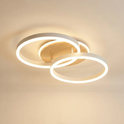 Plafonnier LED deux anneaux, blanc et bois — télécommande et Matter