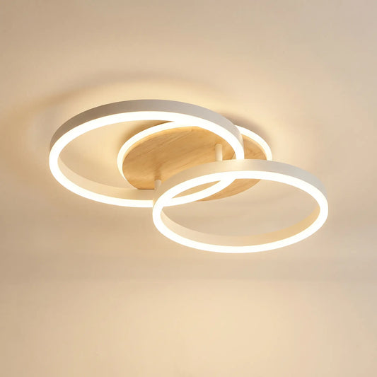 Plafonnier LED deux anneaux, blanc et bois — télécommande et Matter
