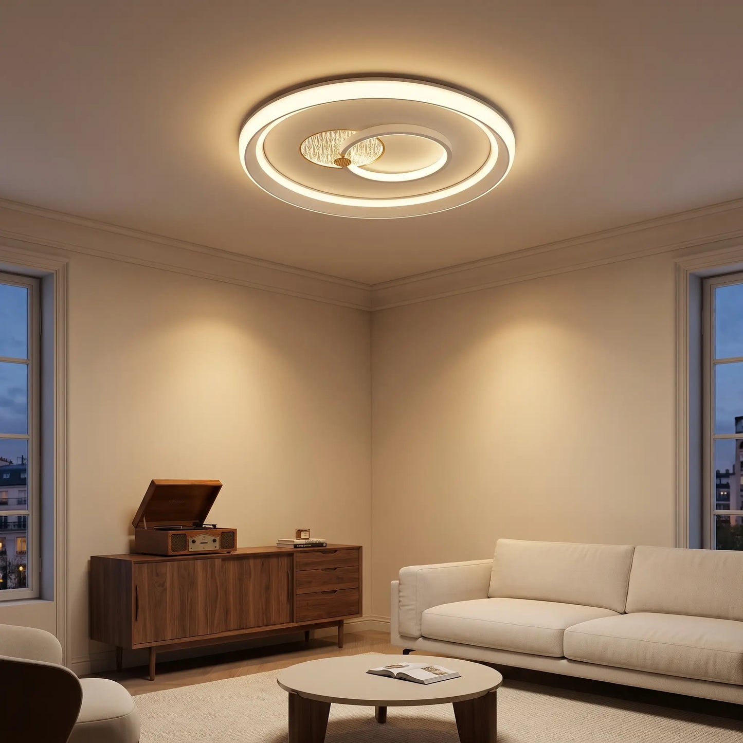 Plafonnier LED rond 50 cm, blanc et laiton — télécommande
