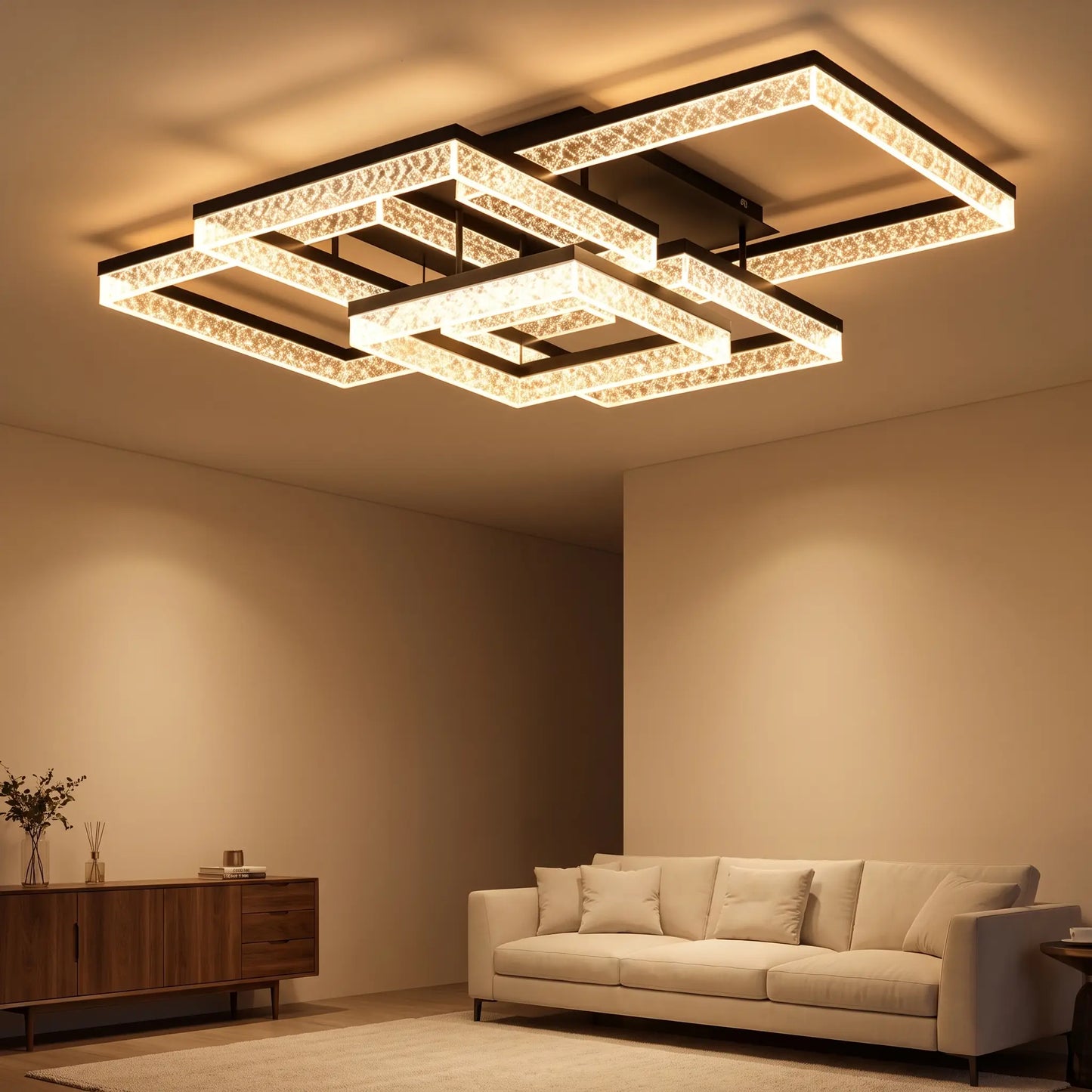 Plafonnier LED rectangulaire 110 cm, cadres superposés — télécommande