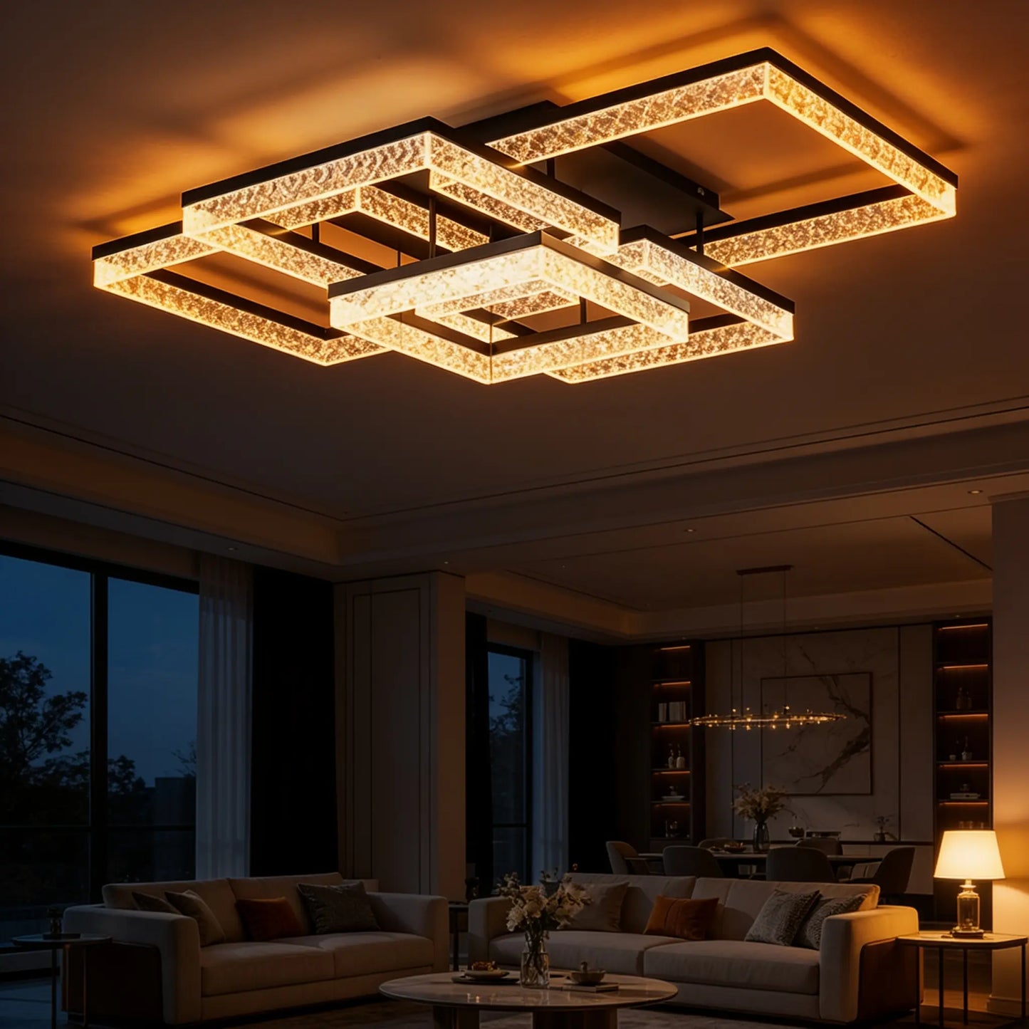 Plafonnier LED rectangulaire 110 cm, cadres superposés — télécommande