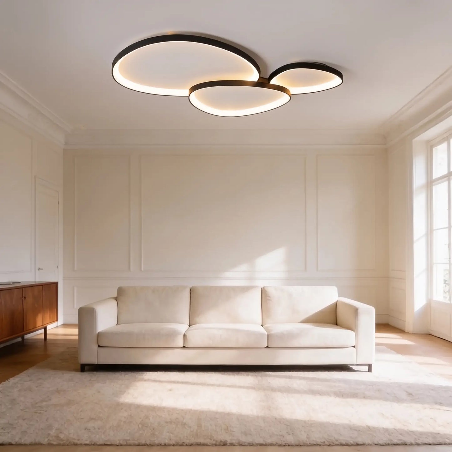 Plafonnier LED trois galets, blanc et noir — télécommande