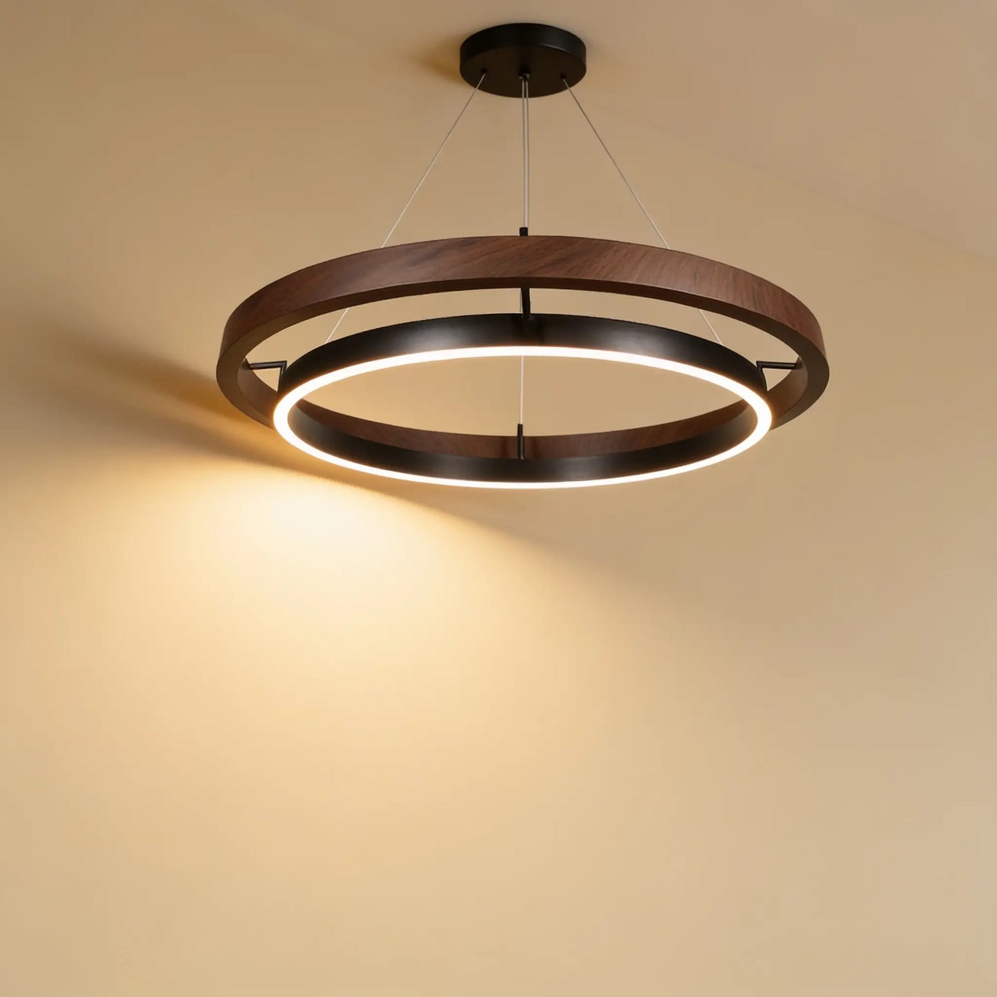 Suspension LED double anneau, noyer et noir — télécommande