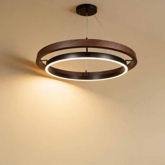 Suspension LED double anneau, noyer et noir — télécommande