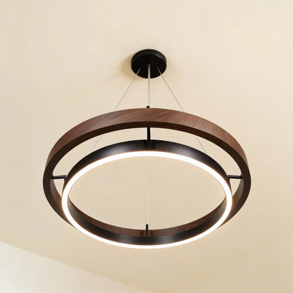 Suspension LED double anneau, noyer et noir — télécommande