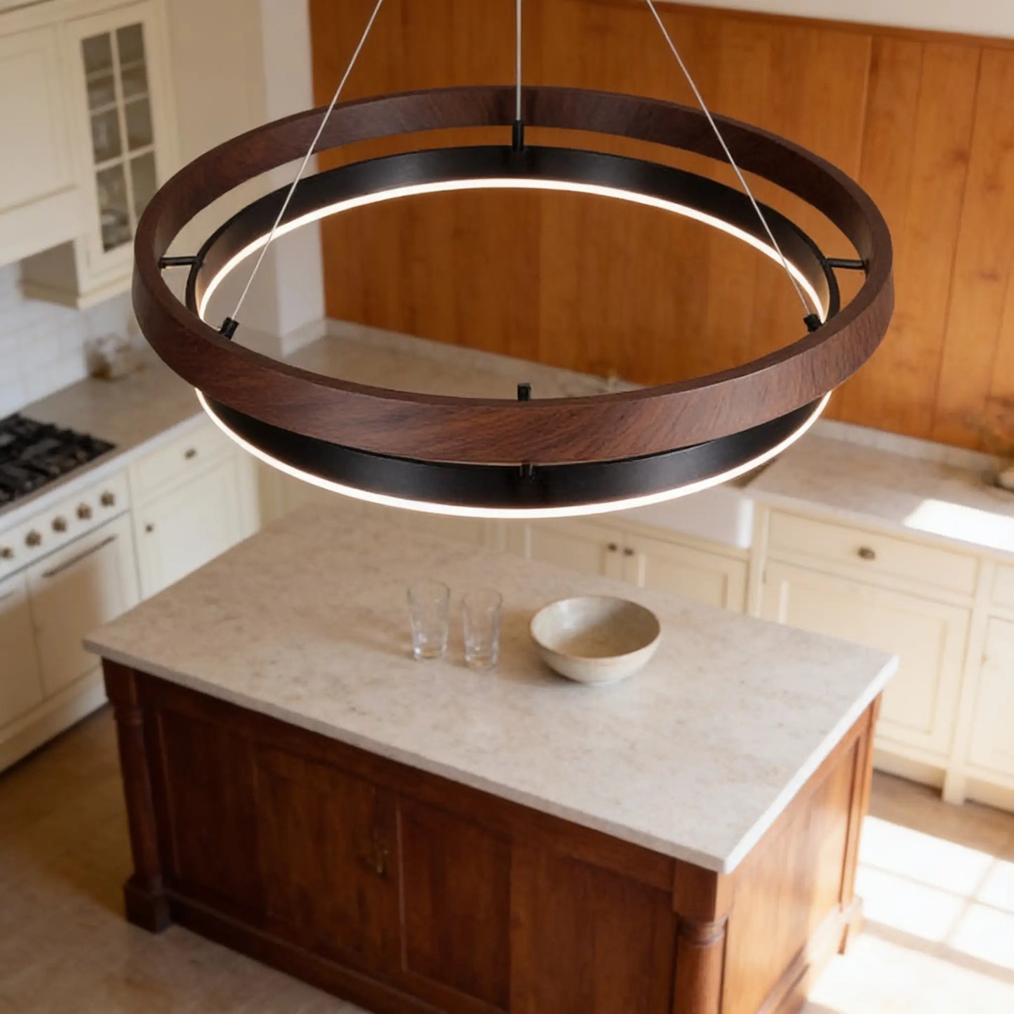 Suspension LED double anneau, noyer et noir — télécommande