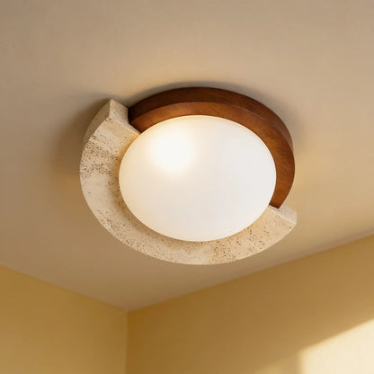 Plafonnier LED pierre et noyer, arc décentré — 48 ou 58 cm