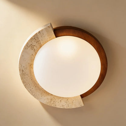 Plafonnier LED pierre et noyer, arc décentré — 48 ou 58 cm