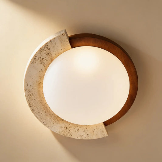 Plafonnier LED pierre et noyer, arc décentré — 48 ou 58 cm