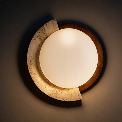Plafonnier LED pierre et noyer, arc décentré — 48 ou 58 cm
