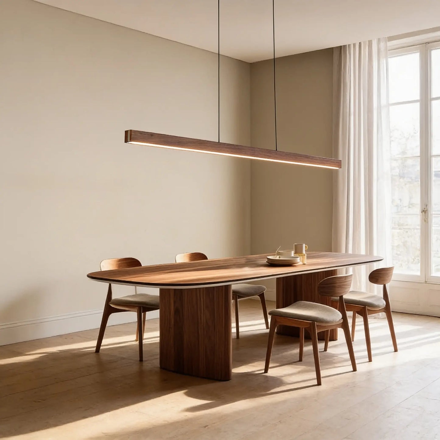Suspension linéaire LED en noyer massif — 120, 150 ou 180 cm