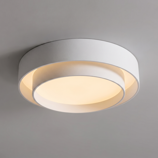Nimbe, plafonnier LED double anneau décalé, blanc, bois, gris ou noir, 40 à 60 cm