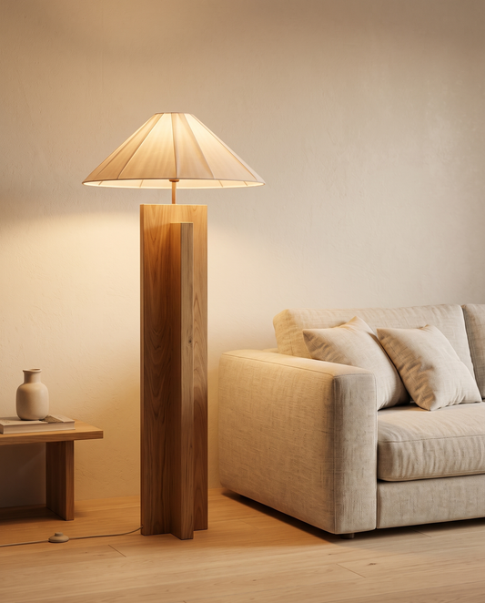 Fût, lampadaire bois massif et tissu, vue en situation