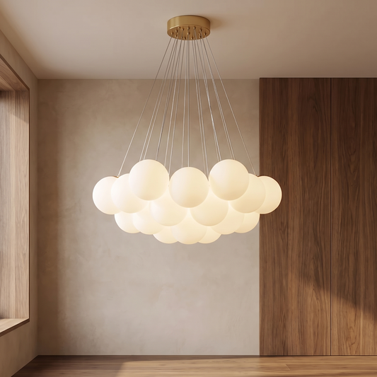 Bouquet – grappe de globes opalins sur câbles fins