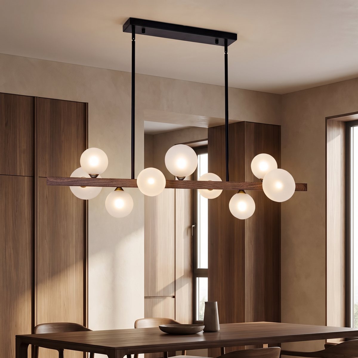 Trio de noyer – poutre de noyer et globes opalins, vue de face