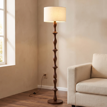 Colonne – lampadaire à fût tourné et abat-jour tissu