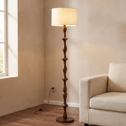 Colonne – lampadaire à fût tourné et abat-jour tissu