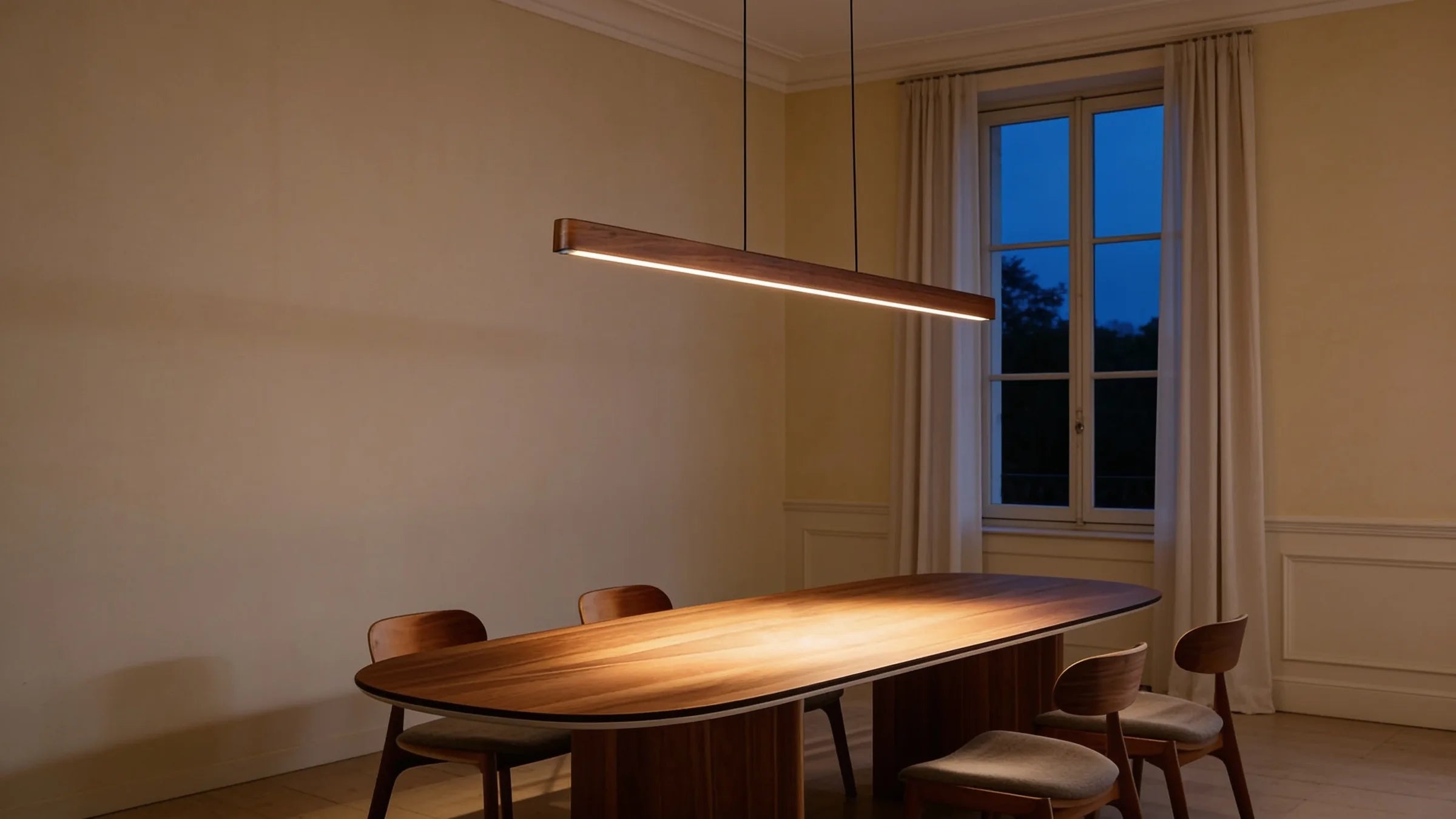 Salle à manger au crépuscule, suspension linéaire allumée au-dessus de la table