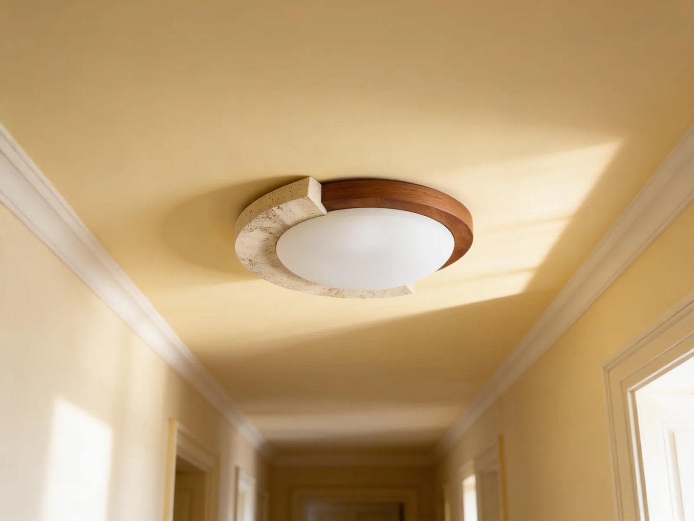 Plafonnier plaqué contre le plafond d'un couloir