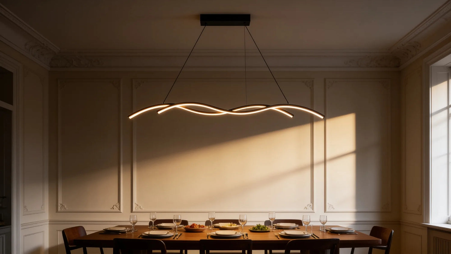 Suspension linéaire ondulée en lumière chaude au-dessus d'une table le soir
