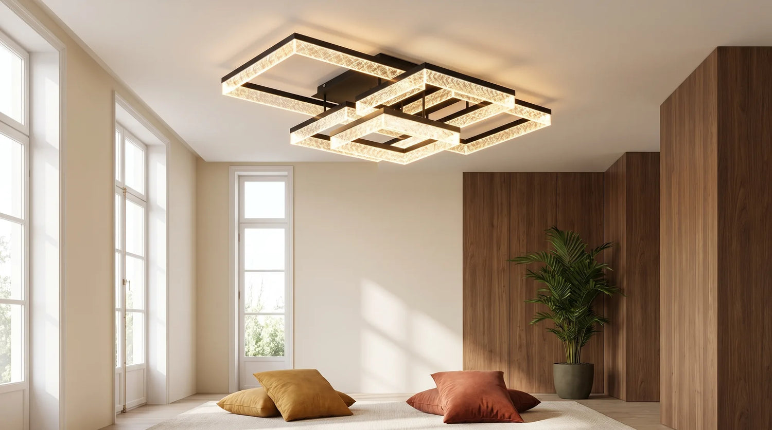 Salon de jour sous le plafonnier, coussins ocre et boiseries de noyer aux couleurs fideles