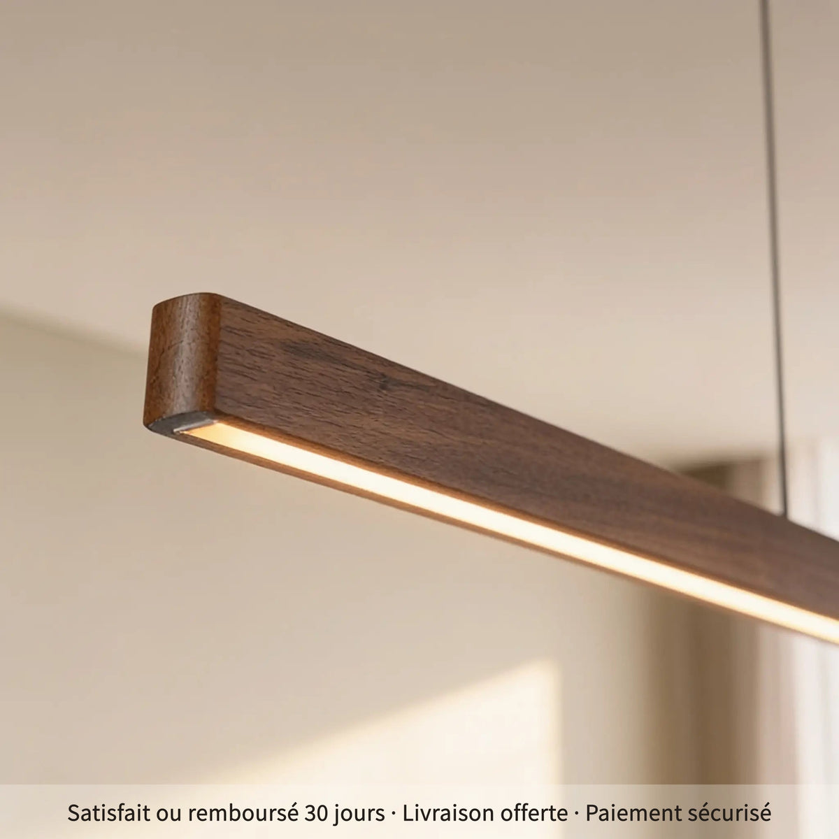 Sillage, suspension LED linéaire en noyer massif, 120 à 180 cm