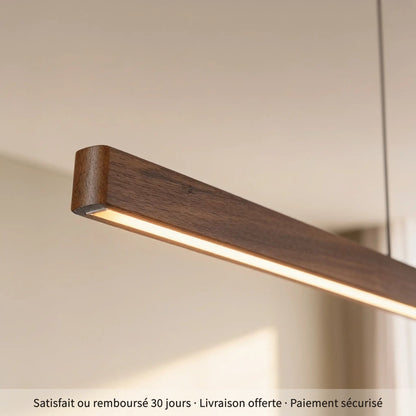 Sillage, suspension LED linéaire en noyer massif, 120 à 180 cm